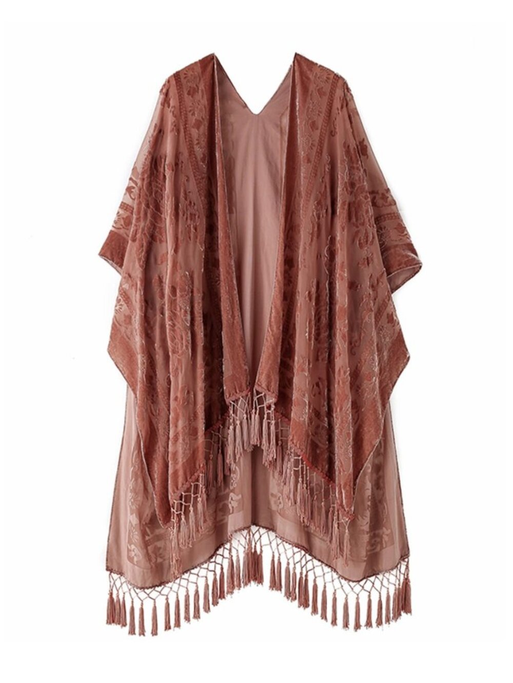 Women's Burnout Velvet Kimono Long Cardigan Cover Up With Tassel